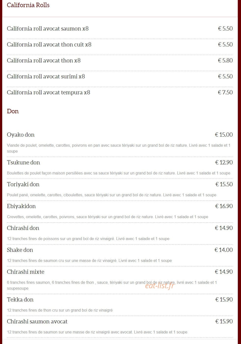 Carte et menu de Dragon d'Orient Japonais à Fontenay Sous Bois — California rolls et don