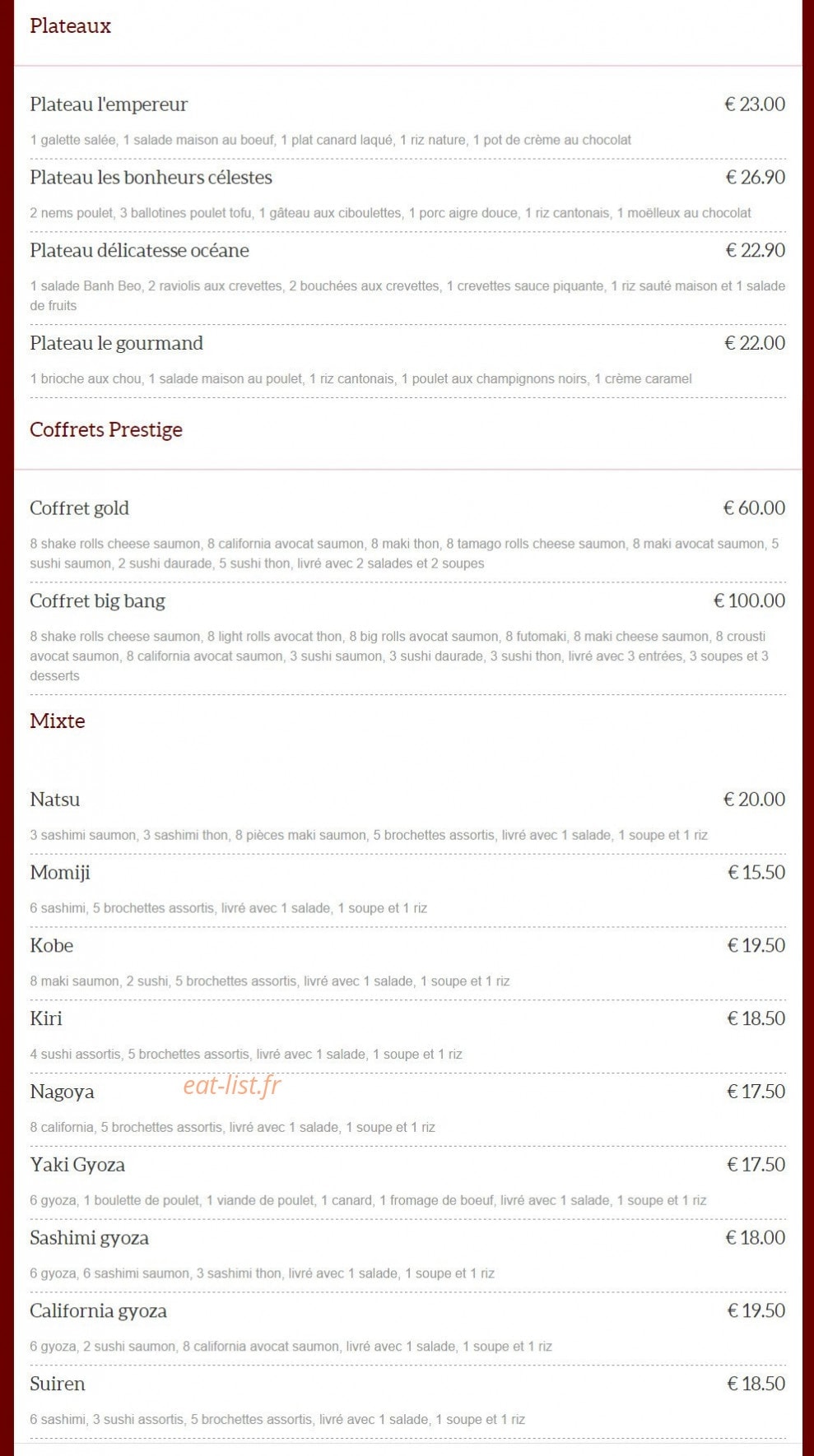 Carte et menu de Dragon d'Orient Japonais à Fontenay Sous Bois — Plateaux, coffrets prestiges et mixte