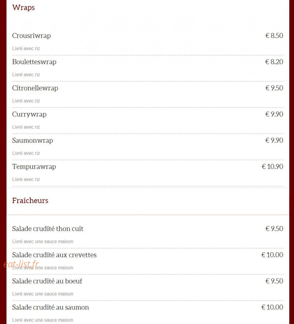 Carte et menu de Dragon d'Orient Japonais à Fontenay Sous Bois — Wraps et fraîcheur