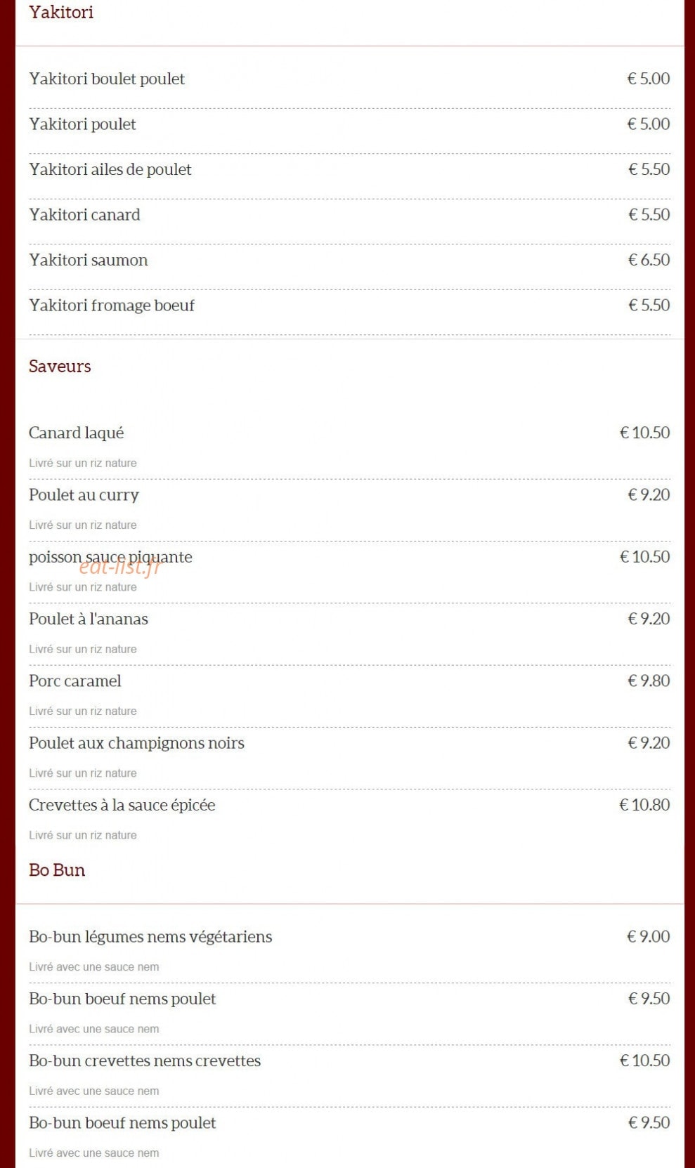 Carte et menu de Dragon d'Orient Japonais à Fontenay Sous Bois — Yakitori, saveur et bo bun