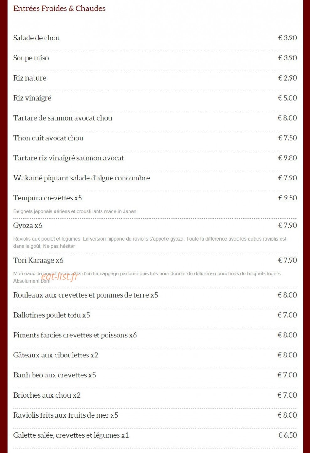 Carte et menu de Dragon d'Orient Japonais à Fontenay Sous Bois — Entrées froides et chaudes