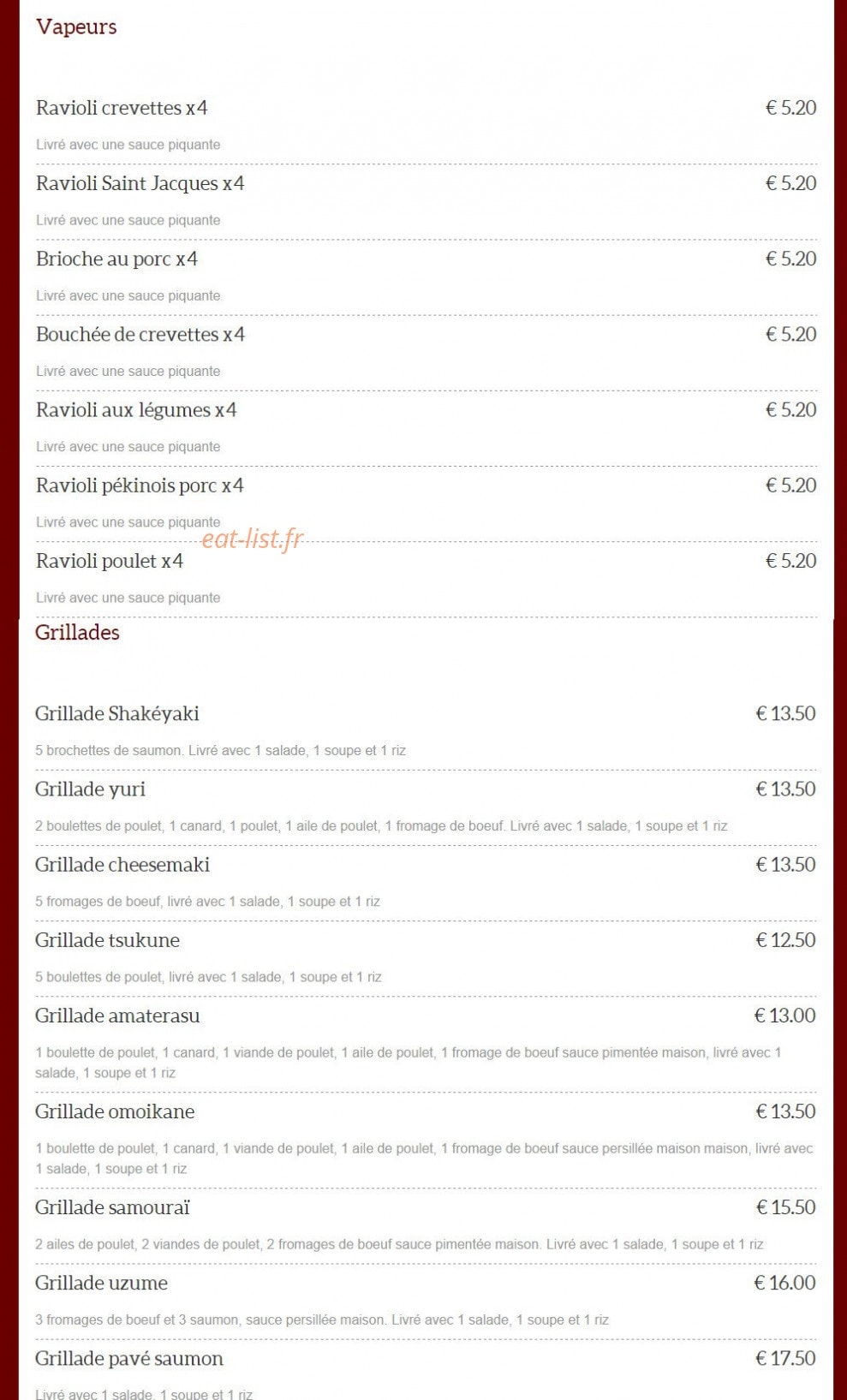 Carte et menu de Dragon d'Orient Japonais à Fontenay Sous Bois — Vapeur et grillades