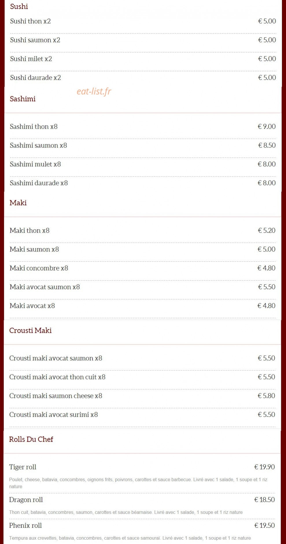 Carte et menu de Dragon d'Orient Japonais à Fontenay Sous Bois — Sushi, sashimi, maki,....