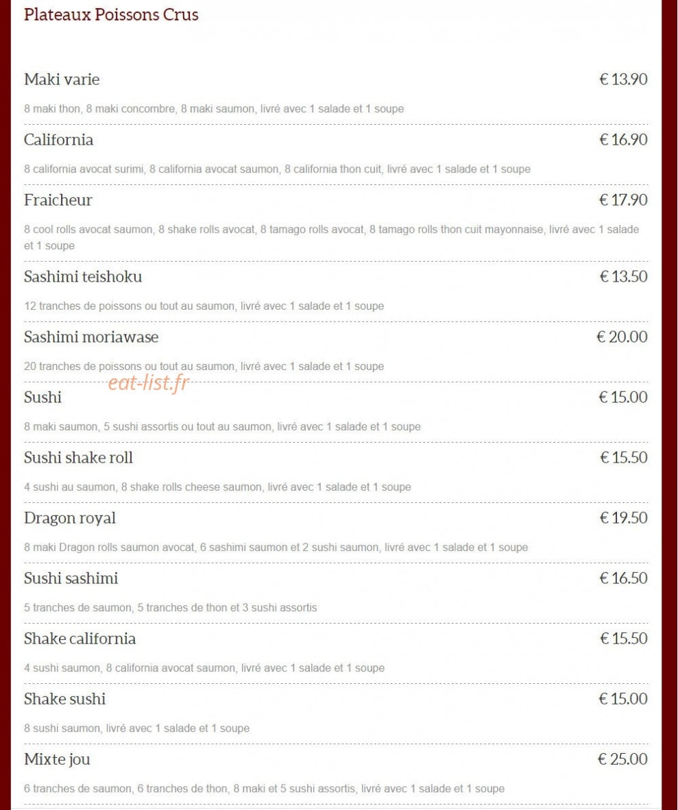 Carte et menu de Dragon d'Orient Japonais à Fontenay Sous Bois — Plateaux poissons crus
