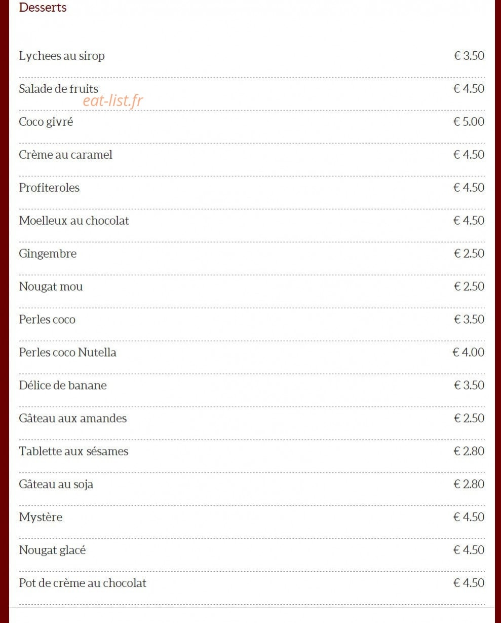 Carte et menu de Dragon d'Orient Japonais à Fontenay Sous Bois — Desserts