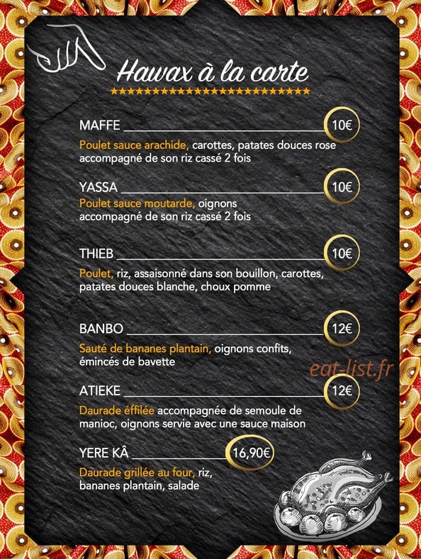 Carte et menu de Hawax african food à Fontenay Sous Bois — Hawax à la carte