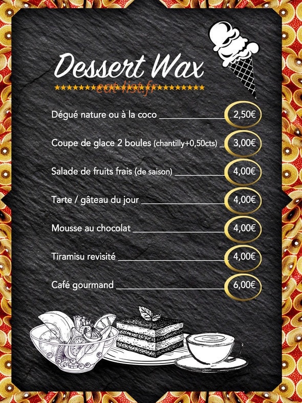 Carte et menu de Hawax african food à Fontenay Sous Bois — Les desserts wax