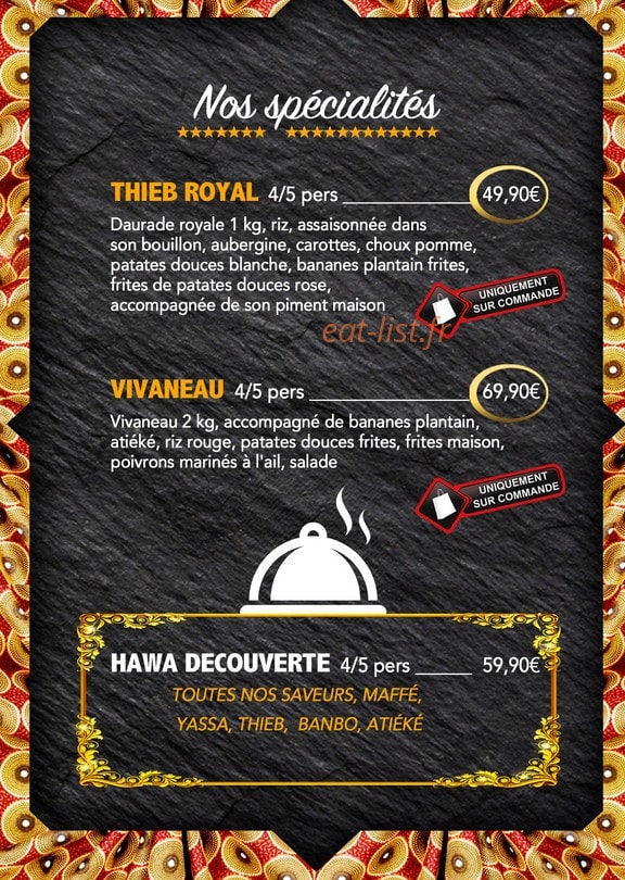 Carte et menu de Hawax african food à Fontenay Sous Bois — Les spécialités