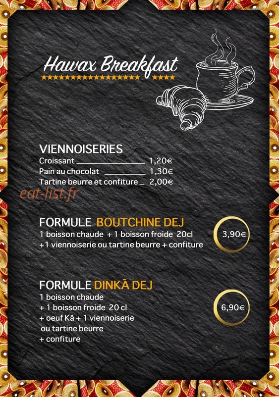 Carte et menu de Hawax african food à Fontenay Sous Bois — Hawax breakfast
