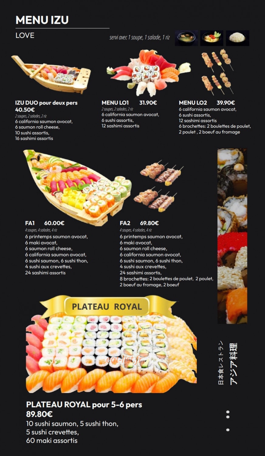 Carte et menu de Izu Sushi à Fontenay Sous Bois — Menus bateaux et plateaux