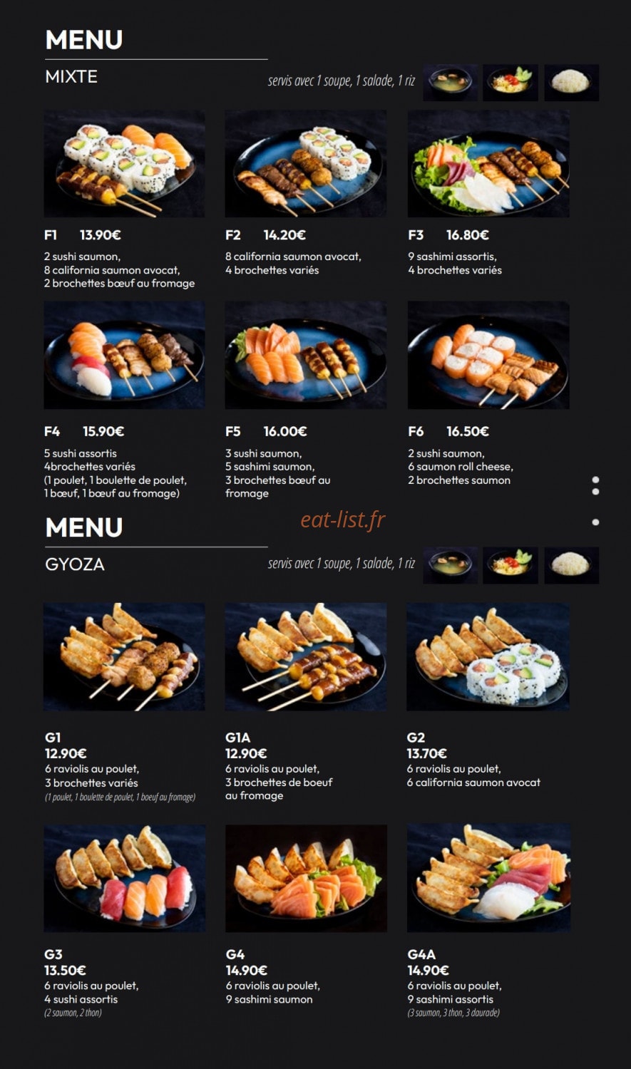 Carte et menu de Izu Sushi à Fontenay Sous Bois — Menus mixte et menus gyoza