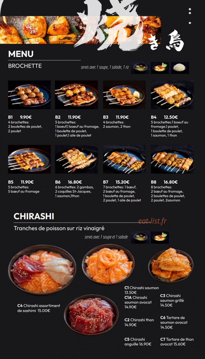 Carte et menu de Izu Sushi à Fontenay Sous Bois — Menus brochettes et chirashi