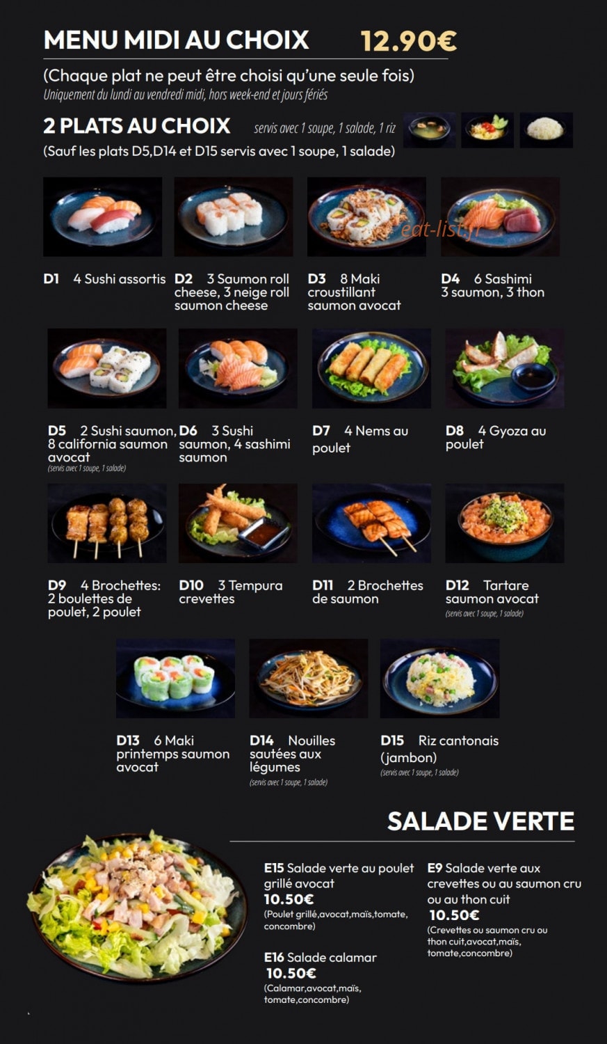 Carte et menu de Izu Sushi à Fontenay Sous Bois — Menu midi au choix et salades