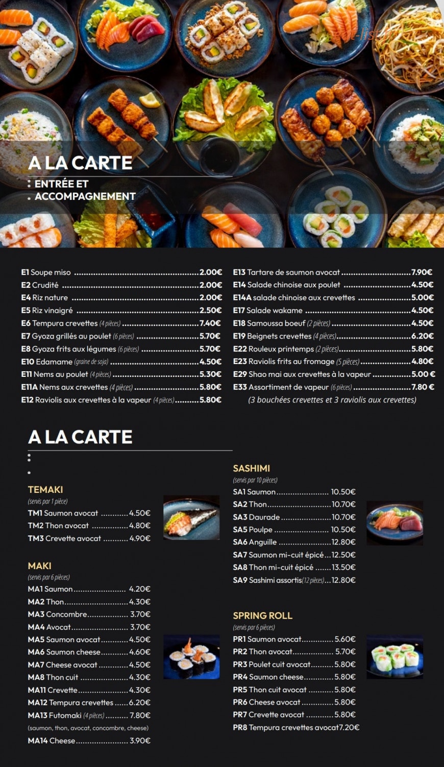 Carte et menu de Izu Sushi à Fontenay Sous Bois — Entrées, temaki et maki,..