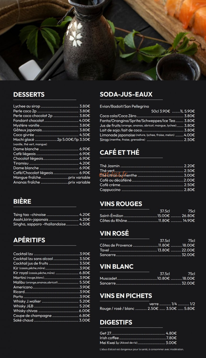 Carte et menu de Izu Sushi à Fontenay Sous Bois — Desserts, bières et vins,...