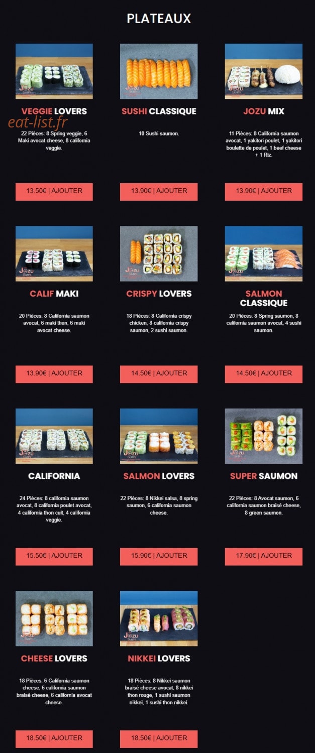 Carte et menu de Jōzu Sushi à Fontenay Sous Bois — Les plateaux