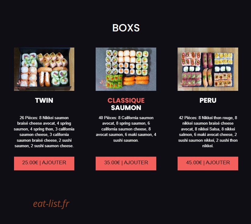 Carte et menu de Jōzu Sushi à Fontenay Sous Bois — Les boxs