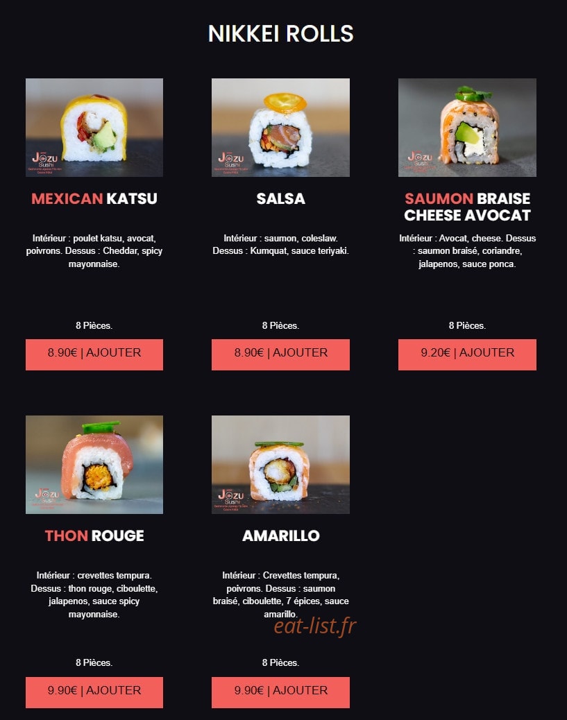Carte et menu de Jōzu Sushi à Fontenay Sous Bois — Les nikkei rolls