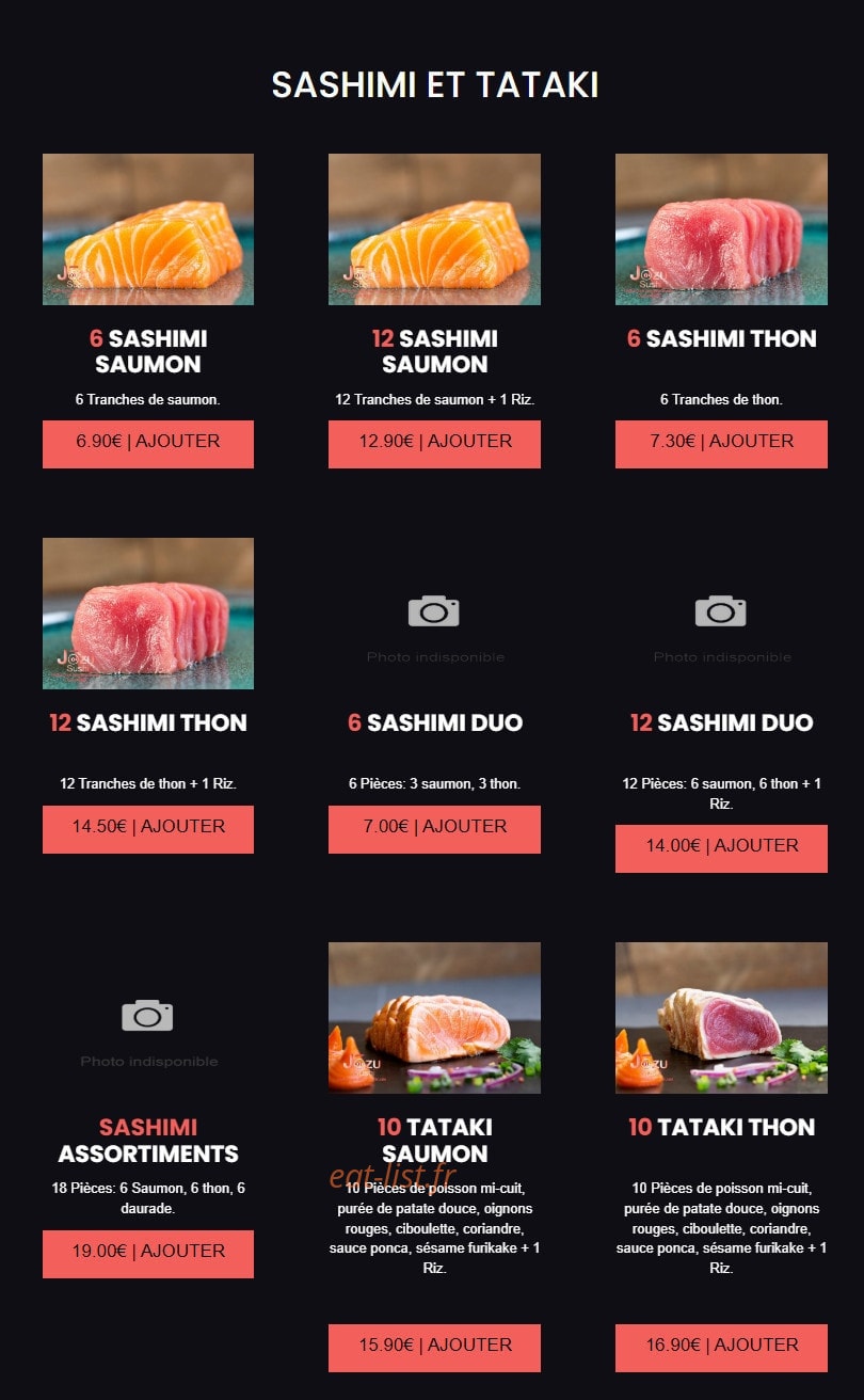 Carte et menu de Jōzu Sushi à Fontenay Sous Bois — Les sashimis et tatakis