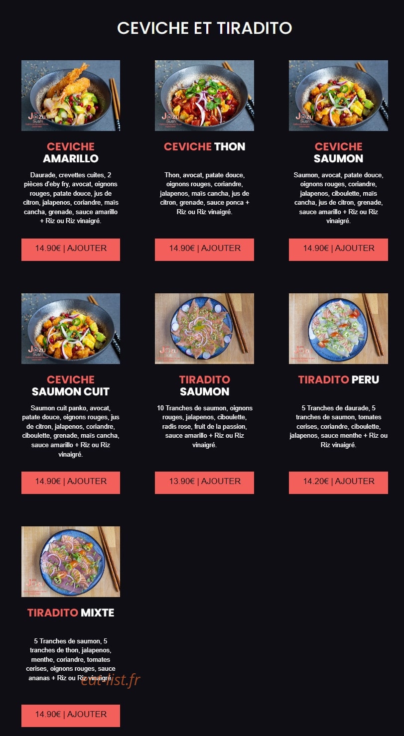 Carte et menu de Jōzu Sushi à Fontenay Sous Bois — Les ceviches et tiradito