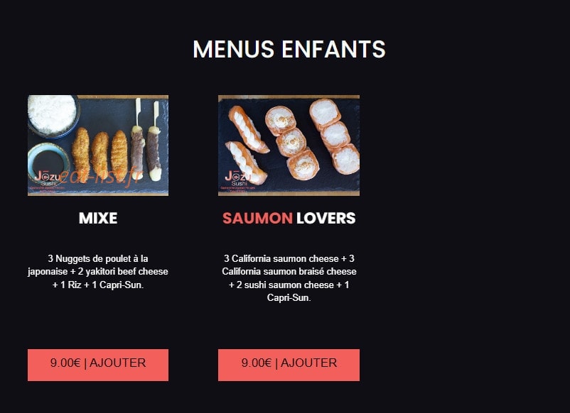 Carte et menu de Jōzu Sushi à Fontenay Sous Bois — Les menus enfants