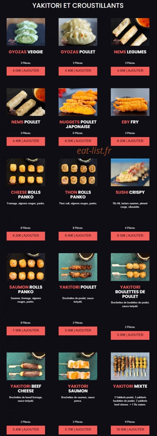 Carte et menu de Jōzu Sushi à Fontenay Sous Bois — Les yakitoris et croustillants