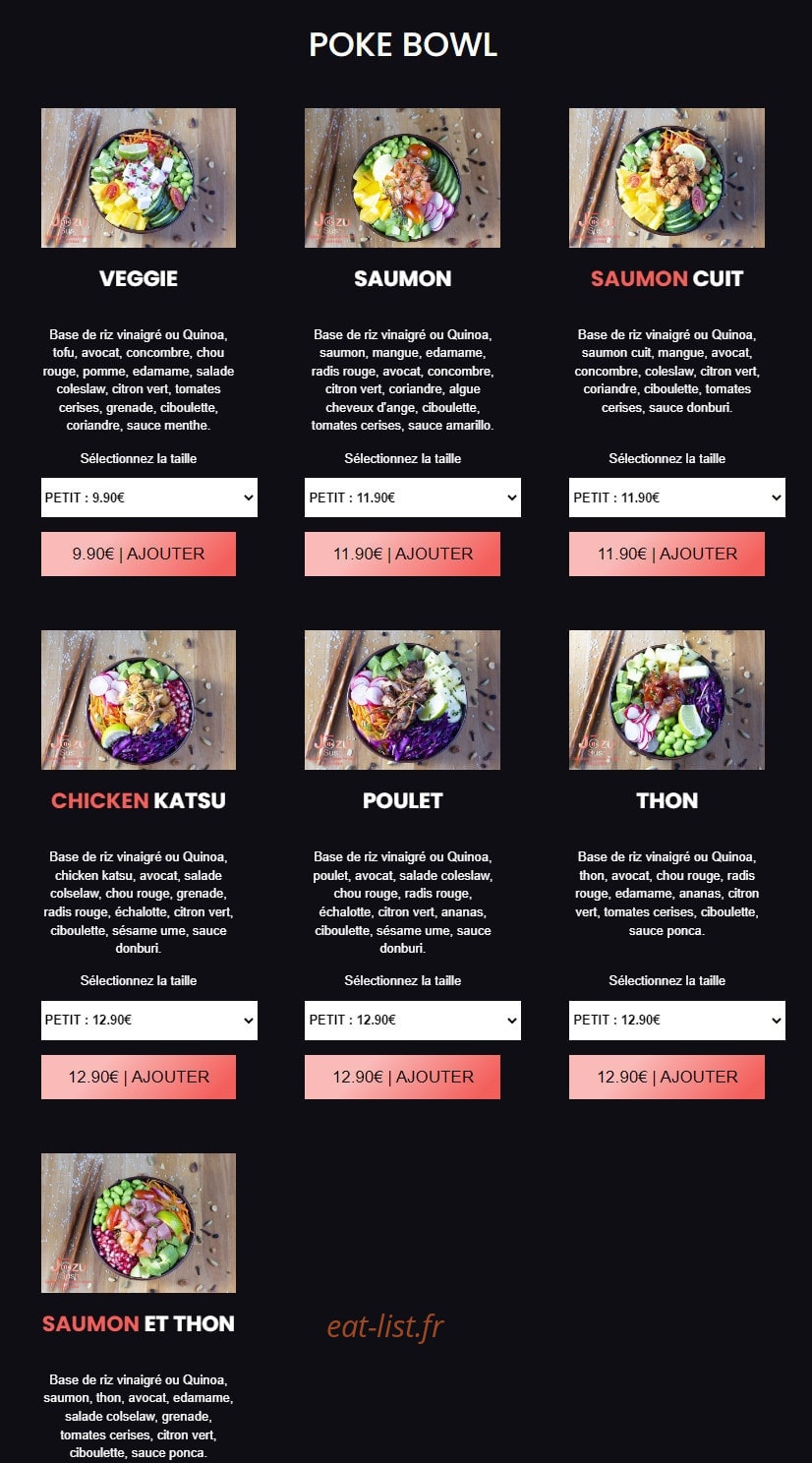 Carte et menu de Jōzu Sushi à Fontenay Sous Bois — Les pokés bowls