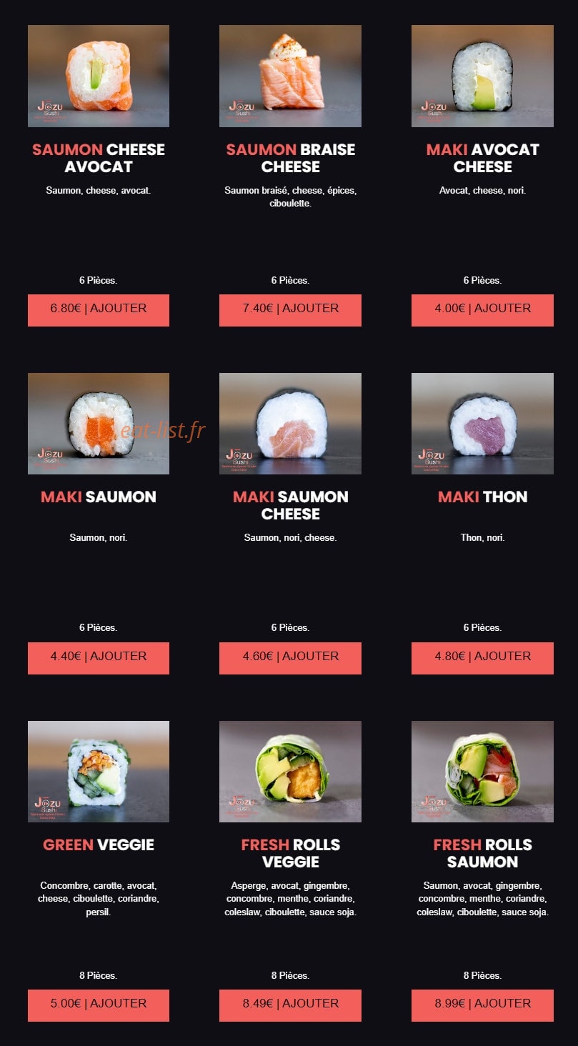 Carte et menu de Jōzu Sushi à Fontenay Sous Bois — Les rouleaux classiques pages 2