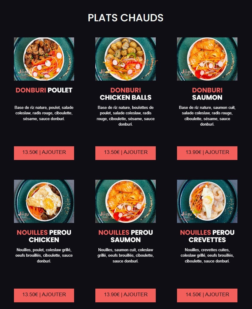 Carte et menu de Jōzu Sushi à Fontenay Sous Bois — Les plats chauds
