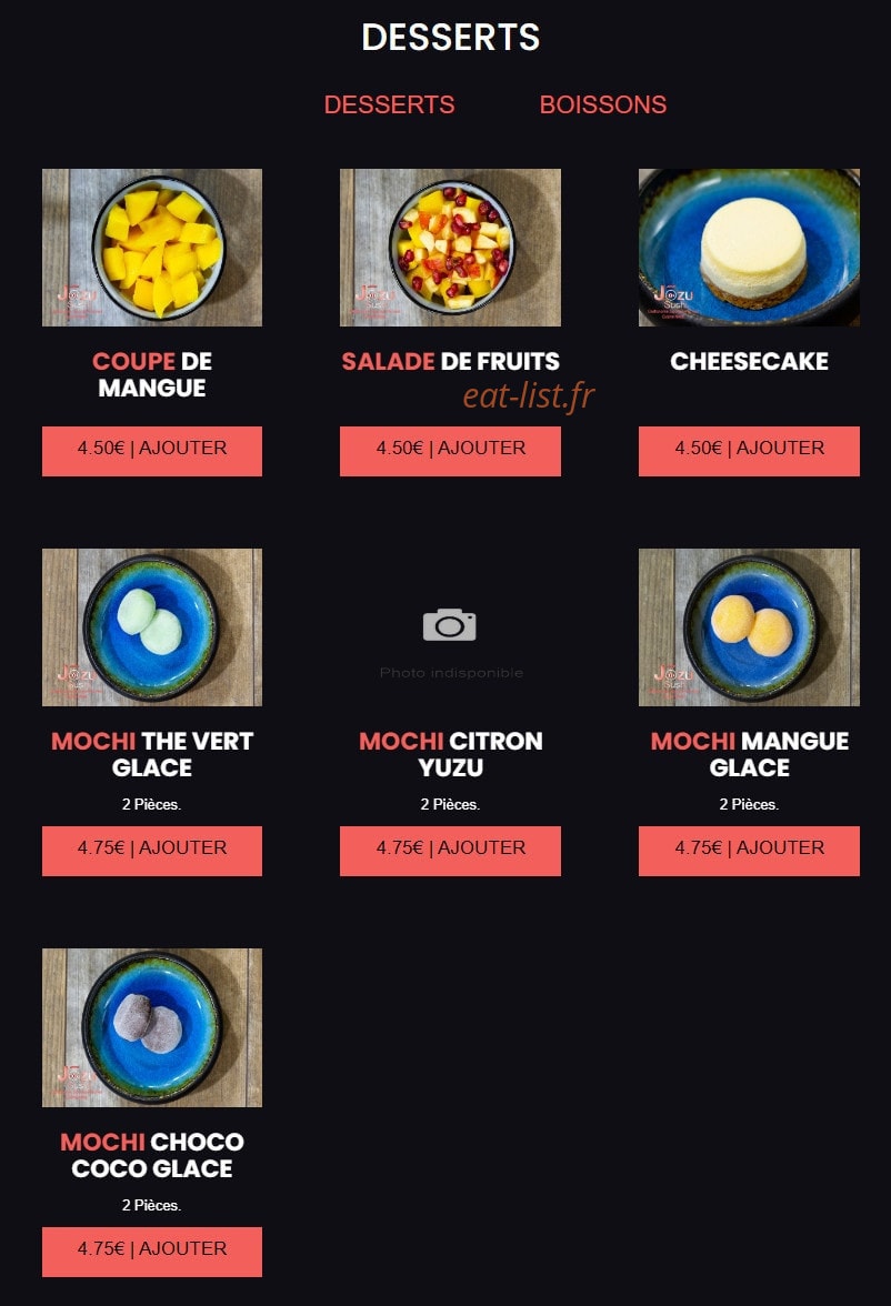 Carte et menu de Jōzu Sushi à Fontenay Sous Bois — Les desserts