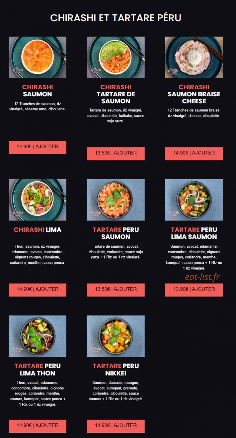 Carte et menu de Jōzu Sushi à Fontenay Sous Bois — Les chirashis et tartares