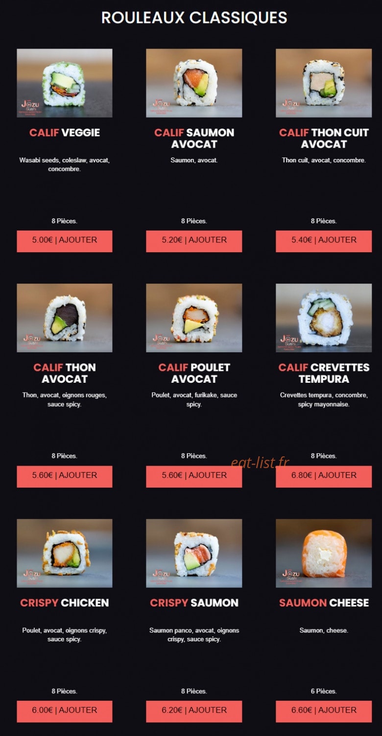 Carte et menu de Jōzu Sushi à Fontenay Sous Bois — Les rouleaux classiques pages 1