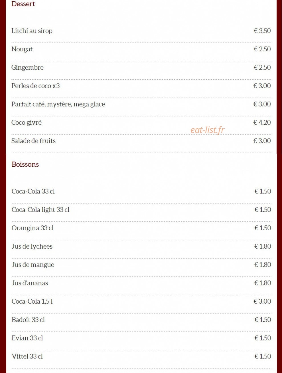 Carte et menu de Jian Hao Japonais à Fontenay Sous Bois — Desserts et boissons