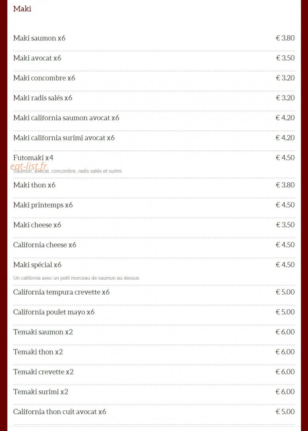 Carte et menu de Jian Hao Japonais à Fontenay Sous Bois — Maki