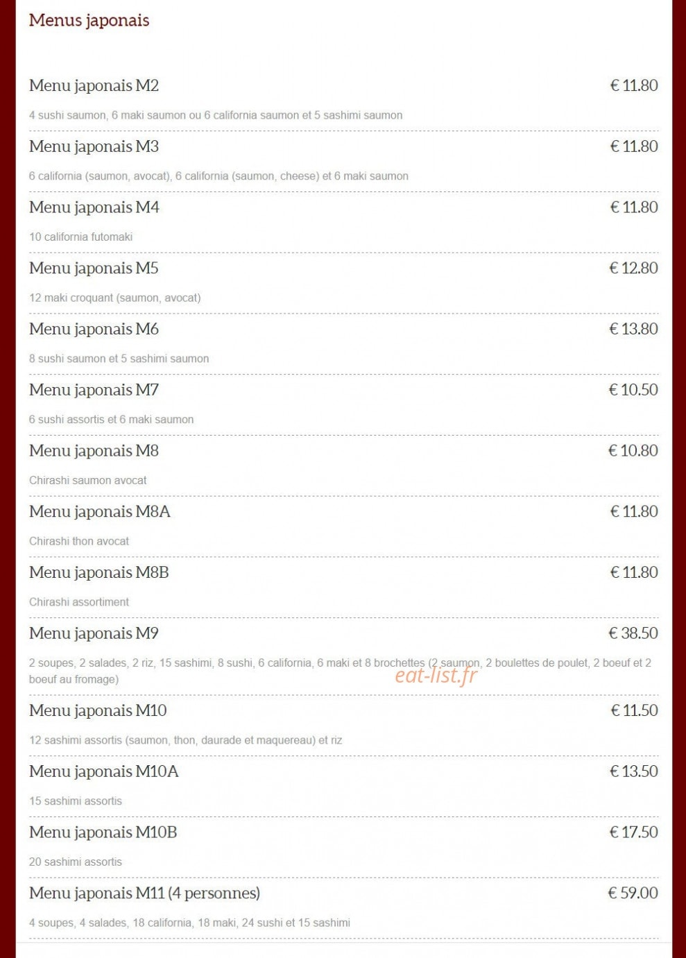 Carte et menu de Jian Hao Japonais à Fontenay Sous Bois — Menus japonais