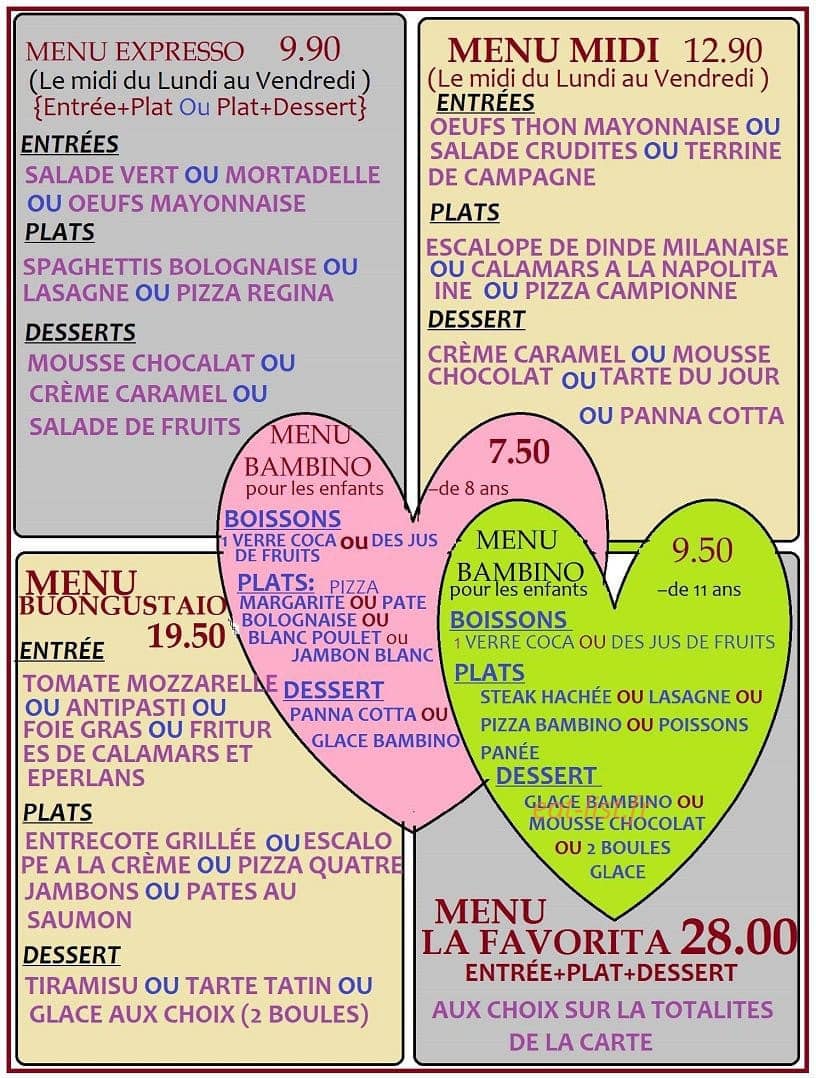 Carte et menu de La Favorita à Fontenay Sous Bois — Les menus