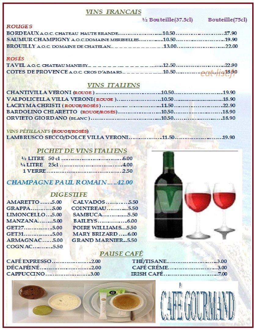 Carte et menu de La Favorita à Fontenay Sous Bois — Les vins