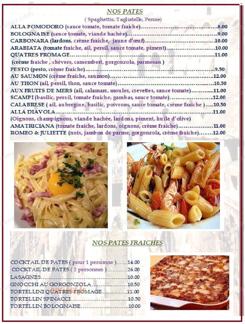 Carte et menu de La Favorita à Fontenay Sous Bois — Les pates