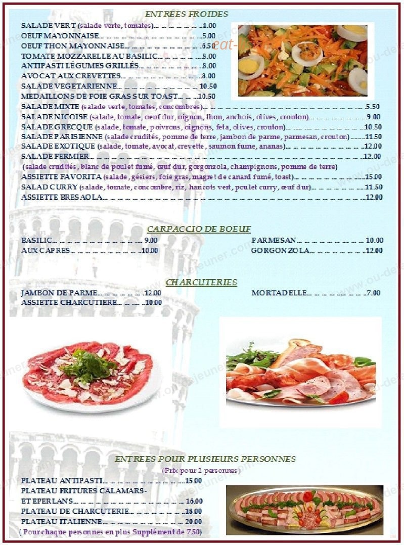 Carte et menu de La Favorita à Fontenay Sous Bois — Les entrées froids, carpaccio de boeuf;...