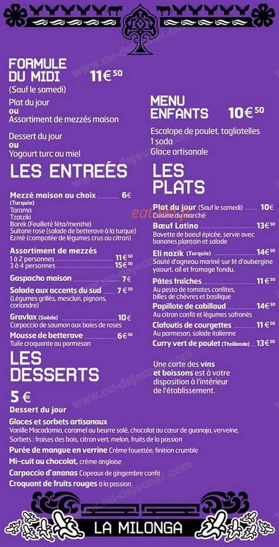 La Milonga — carte page 1