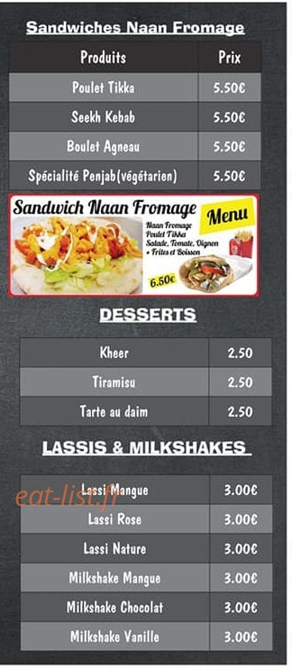 Carte et menu de Les Saveurs Du Penjab à Fontenay Sous Bois — Les sandwichs, desserts, …