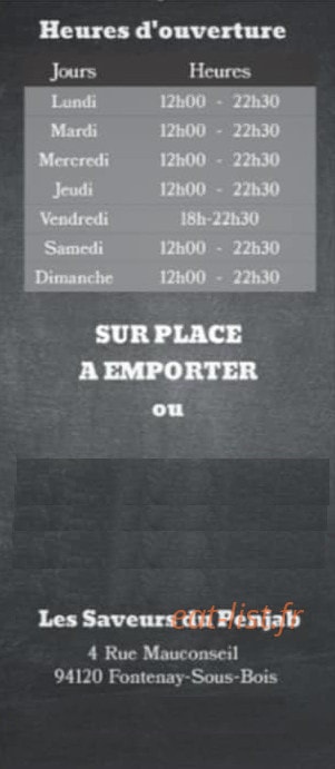 Carte et menu de Les Saveurs Du Penjab à Fontenay Sous Bois — Les informations