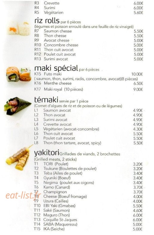 Carte et menu de Tokyo sushi à Fontenay Sous Bois — Riz roll, maki spécial, témaki,...