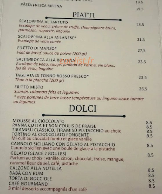 Carte et menu de Giacomo à Nogent sur Marne — Piatti, dolci