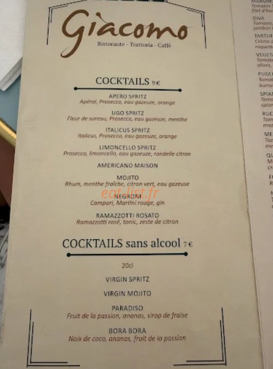 Carte et menu de Giacomo à Nogent sur Marne — Cocktails
