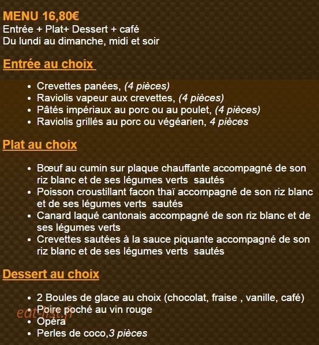 Carte et menu de Huatian Chinagora à Alfortville — Le menu 16.8 €