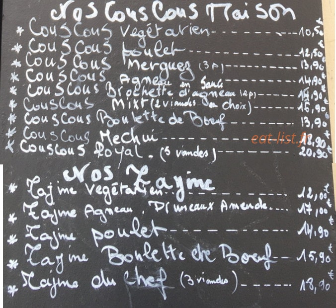Carte et menu de Le Tigzirt à Alfortville — Les couscous et tajine