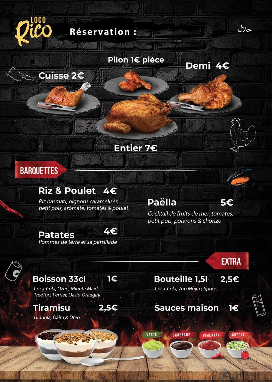 Carte et menu de Locorico à Alfortville — Poulet braise, barquettes et extras