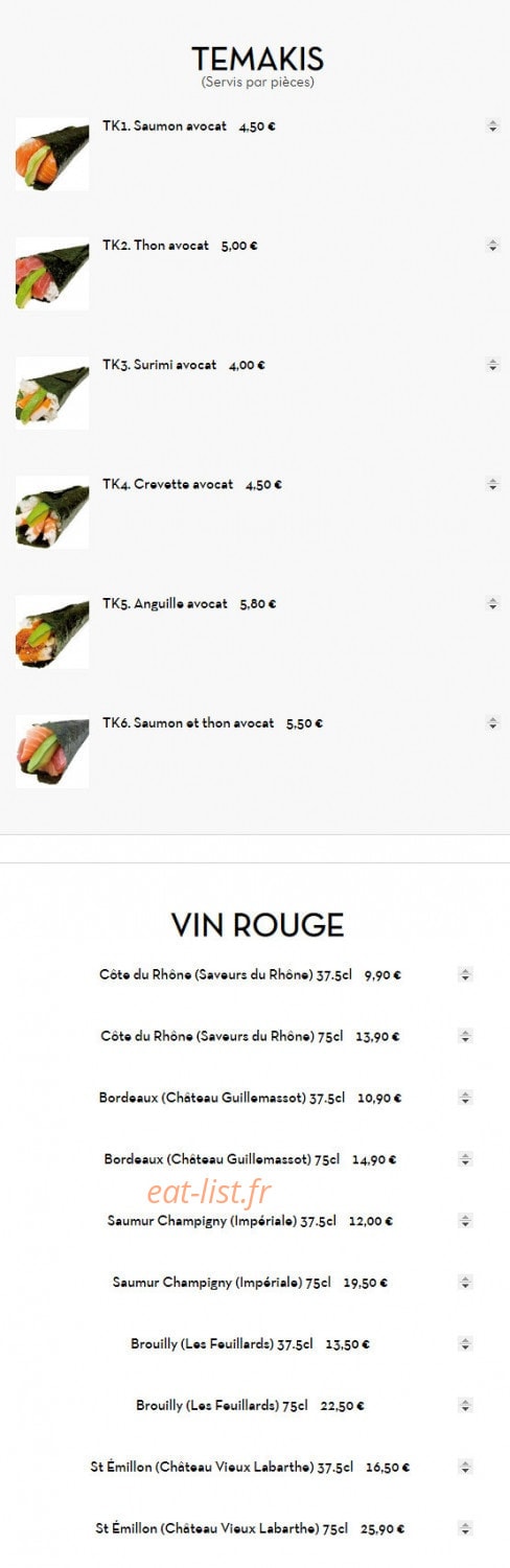 Carte et menu de Sushi d'Alfortville à Alfortville — Les temaki et vins rouges