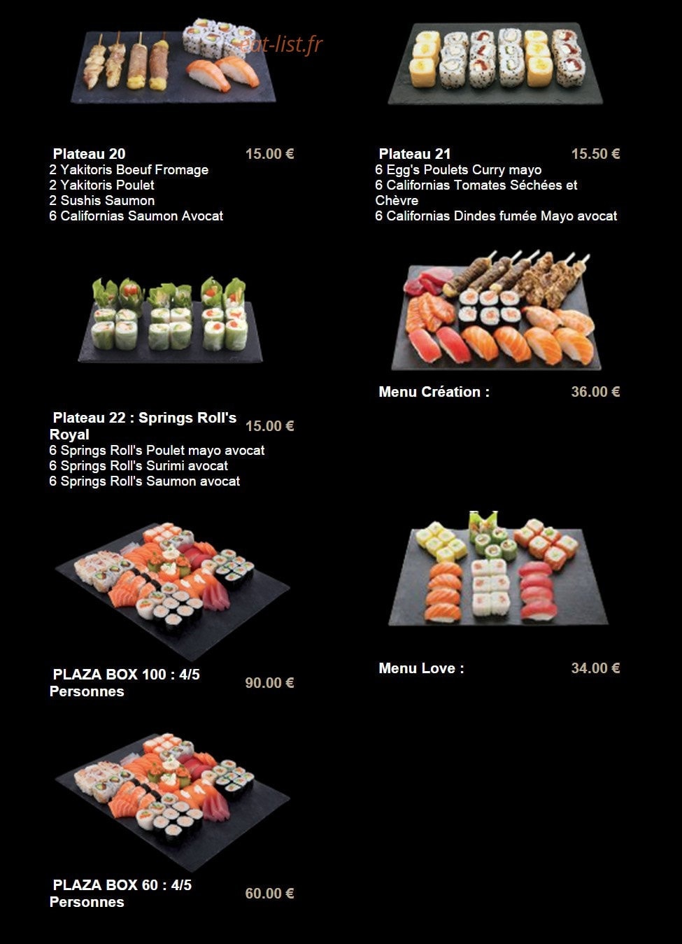 Carte et menu de Sushi plaza à Alfortville — Le plateau 20, plateau 21,...